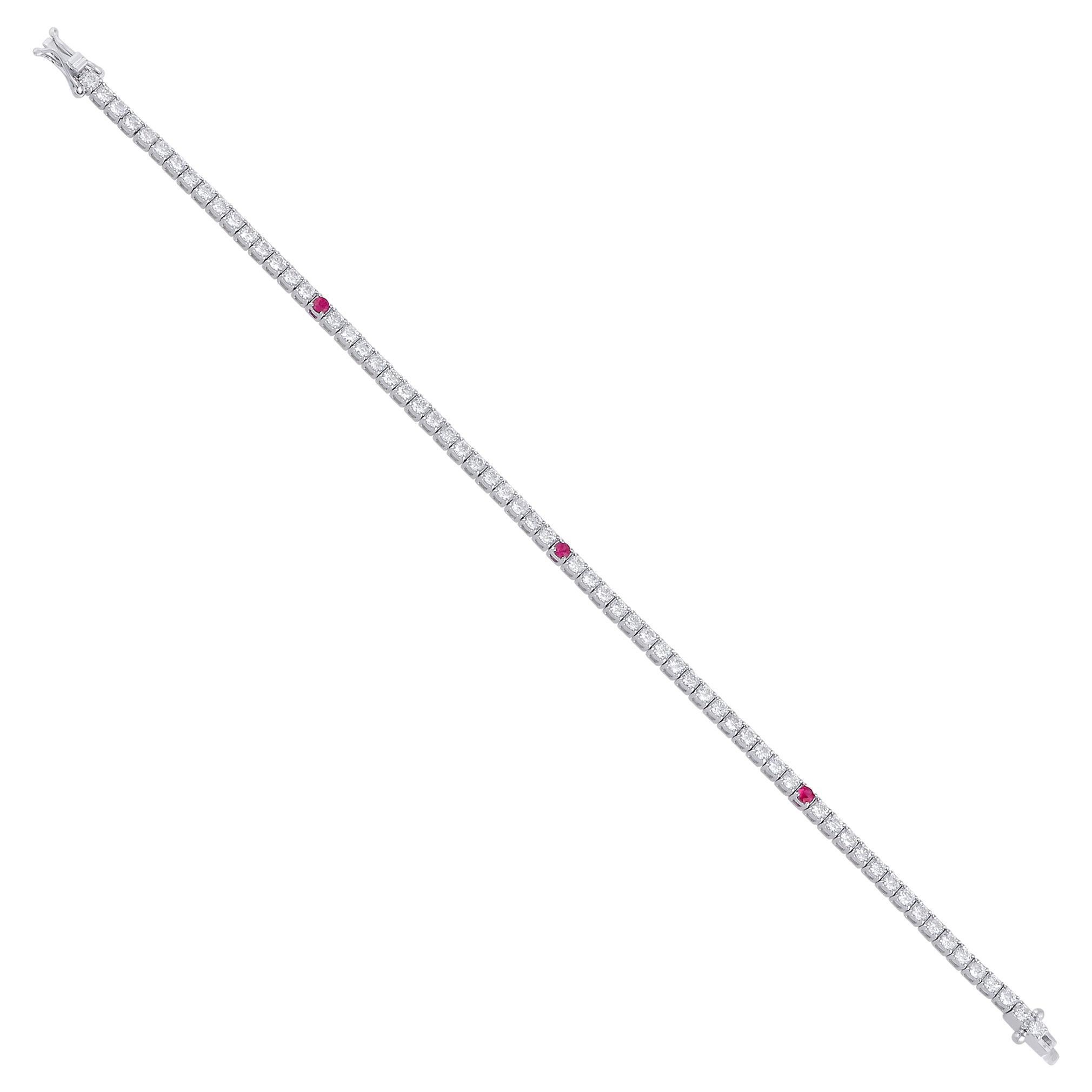 Bracelet tennis en or blanc 14 carats fait à la main avec rubis naturel et diamants