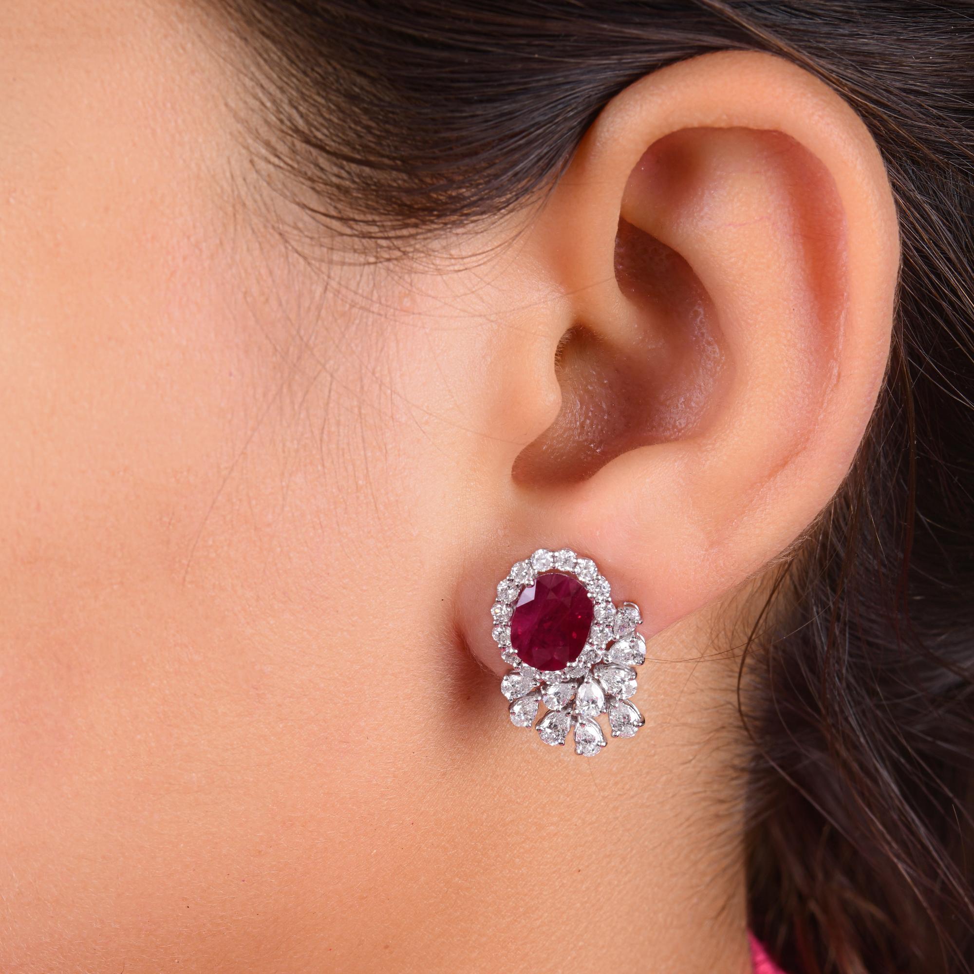 Modern Natural Ruby Gemstone Earrings SI/H Diamond 14 Karat White Gold Fine Jewelry For Sale