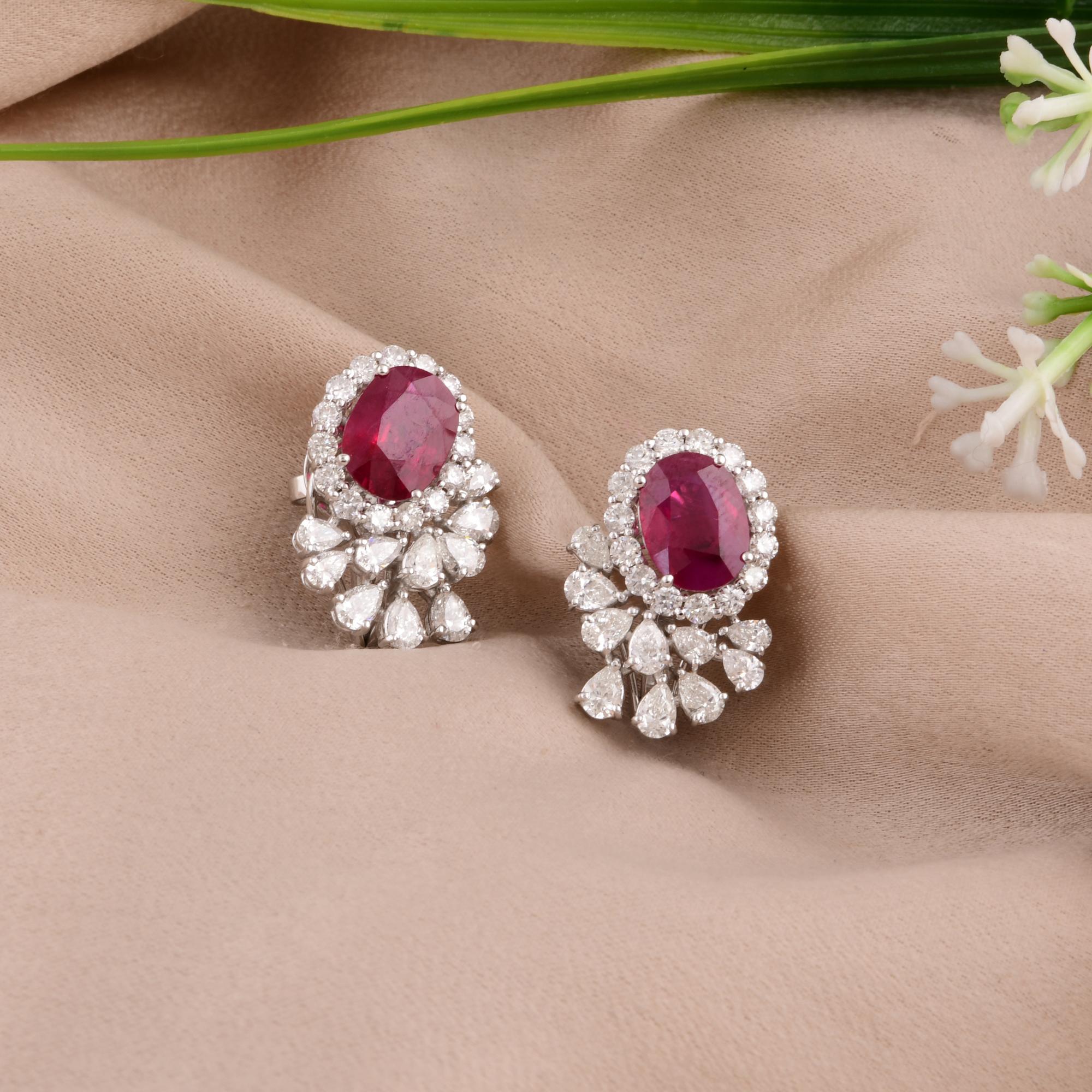 Oval Cut Natural Ruby Gemstone Earrings SI/H Diamond 14 Karat White Gold Fine Jewelry For Sale