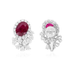 Natural Ruby Gemstone Earrings SI/H Diamond 18 Karat White Gold Fine Jewelry