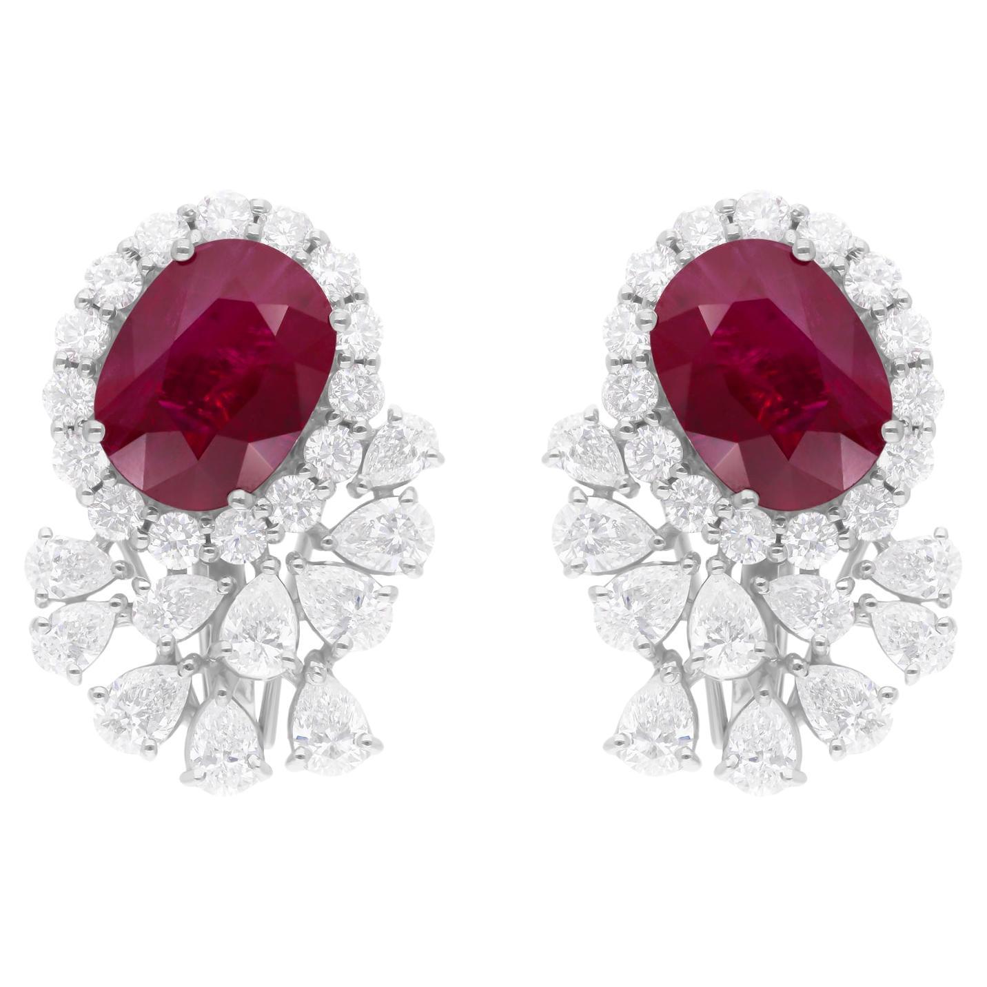 Natural Ruby Gemstone Earrings SI/H Diamond 18 Karat White Gold Fine Jewelry For Sale