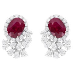 Natural Ruby Gemstone Earrings SI/H Diamond 18 Karat White Gold Fine Jewelry