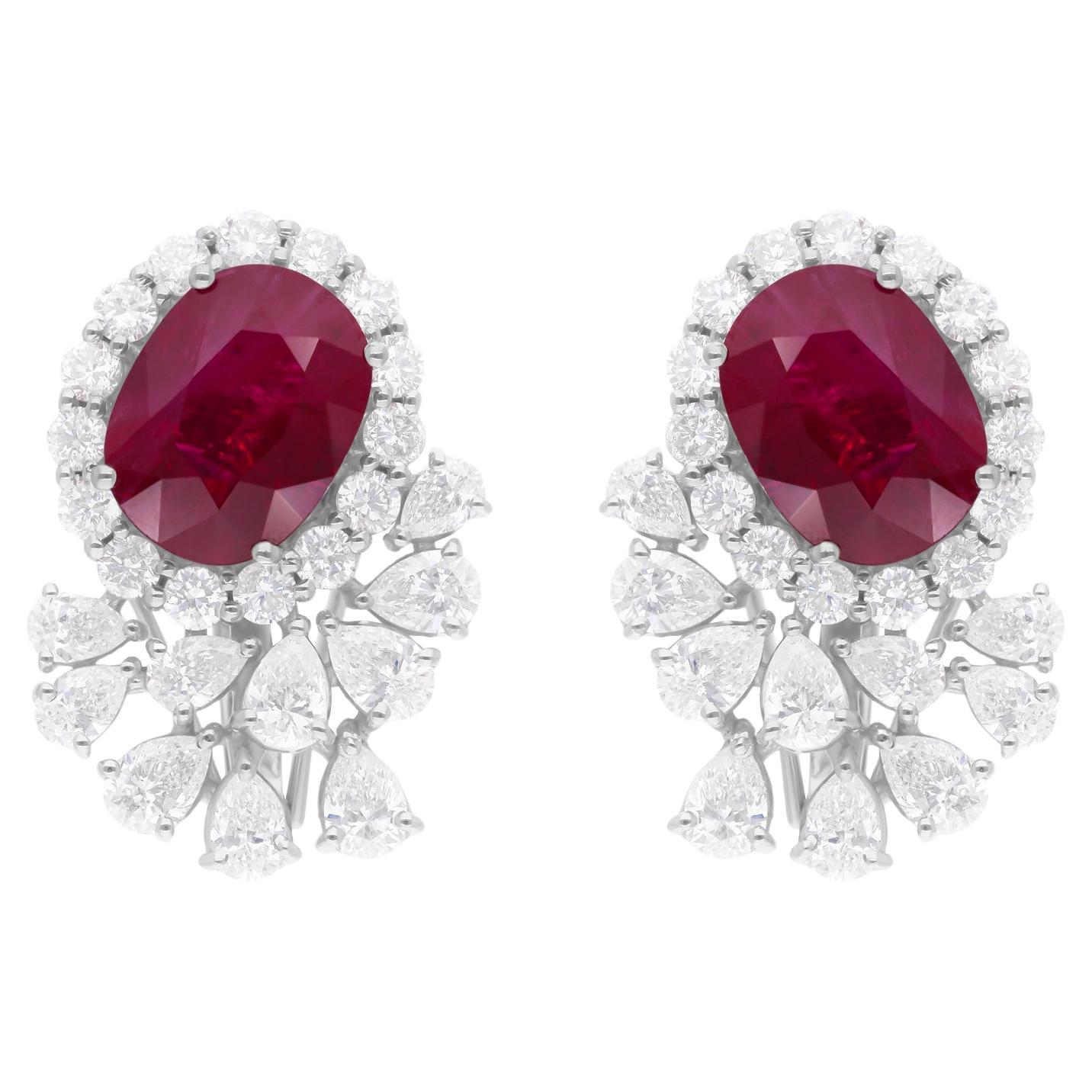 Natural Ruby Gemstone Earrings SI/H Diamond 18 Karat White Gold Fine Jewelry For Sale