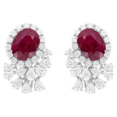 Natural Ruby Gemstone Earrings SI/H Diamond 18 Karat White Gold Fine Jewelry