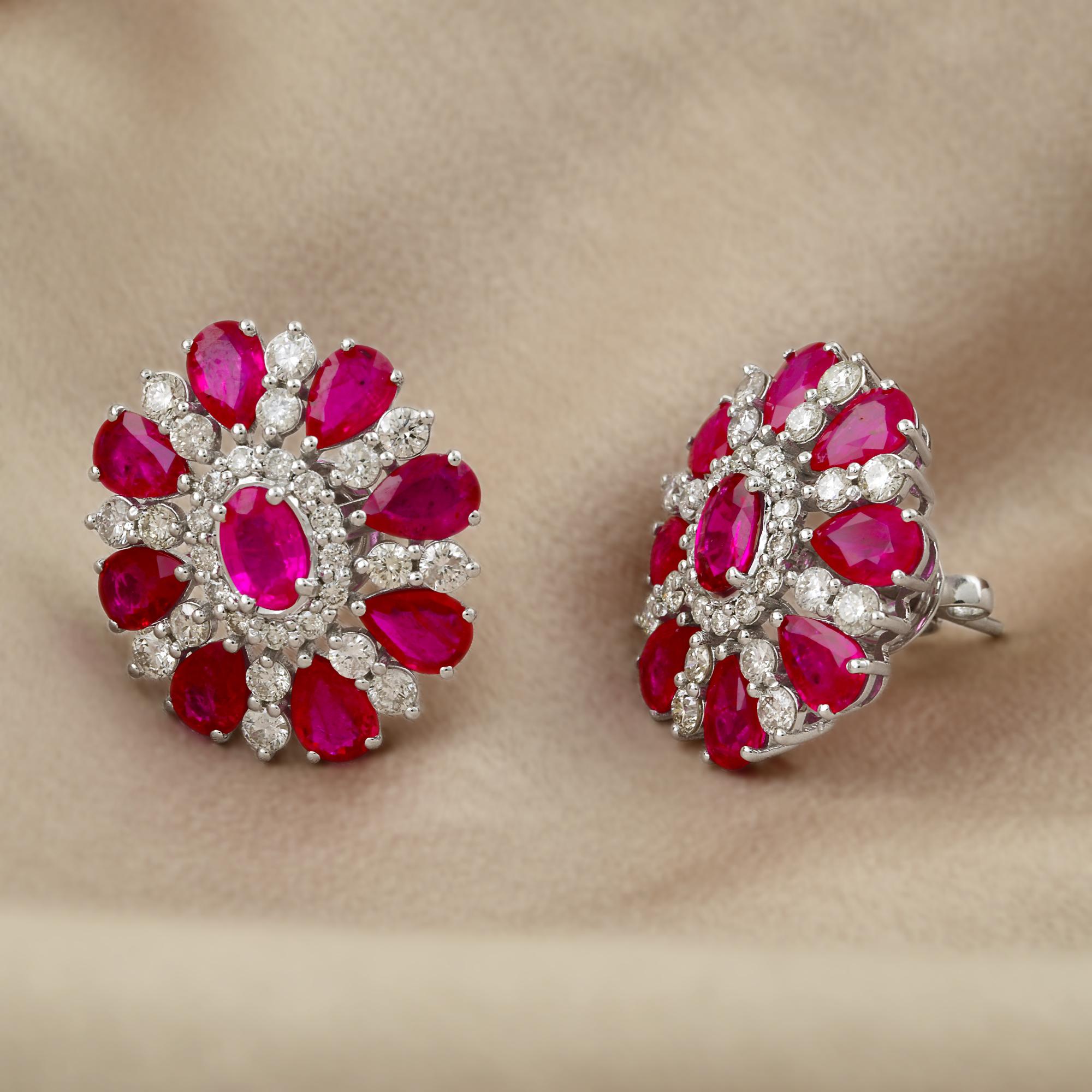Modern Real Ruby Gemstone Flower Stud Earrings 10k White Gold Pave Diamond Fine Jewelry For Sale