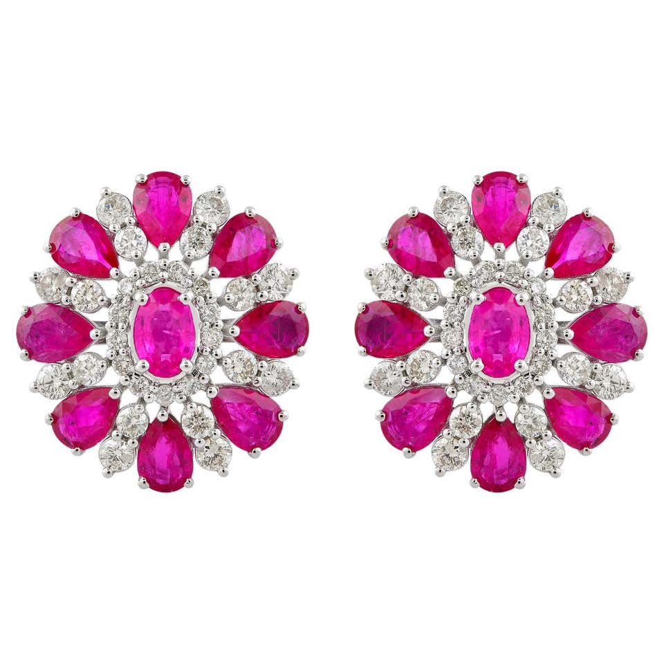 Red Ruby Gemstone Enamel Stud Earrings Baguette Pave Diamond Solid 18k ...