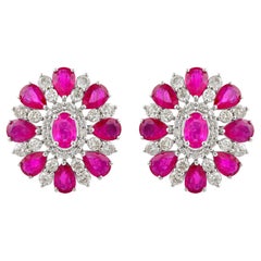 Real Ruby Gemstone Flower Stud Earrings 10k White Gold Pave Diamond Fine Jewelry