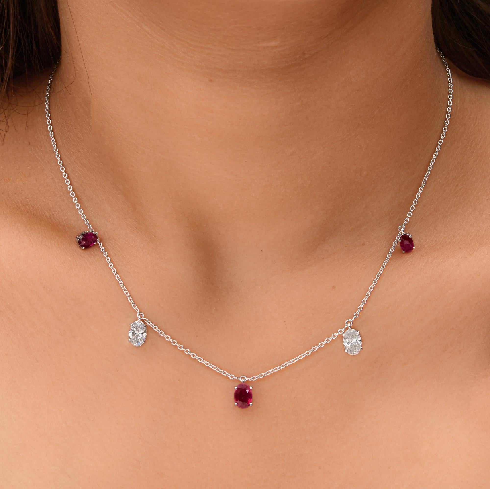 Oval Cut Natural Ruby Gemstone Necklace SI/H Oval Diamond 14 Karat White Gold Jewelry For Sale