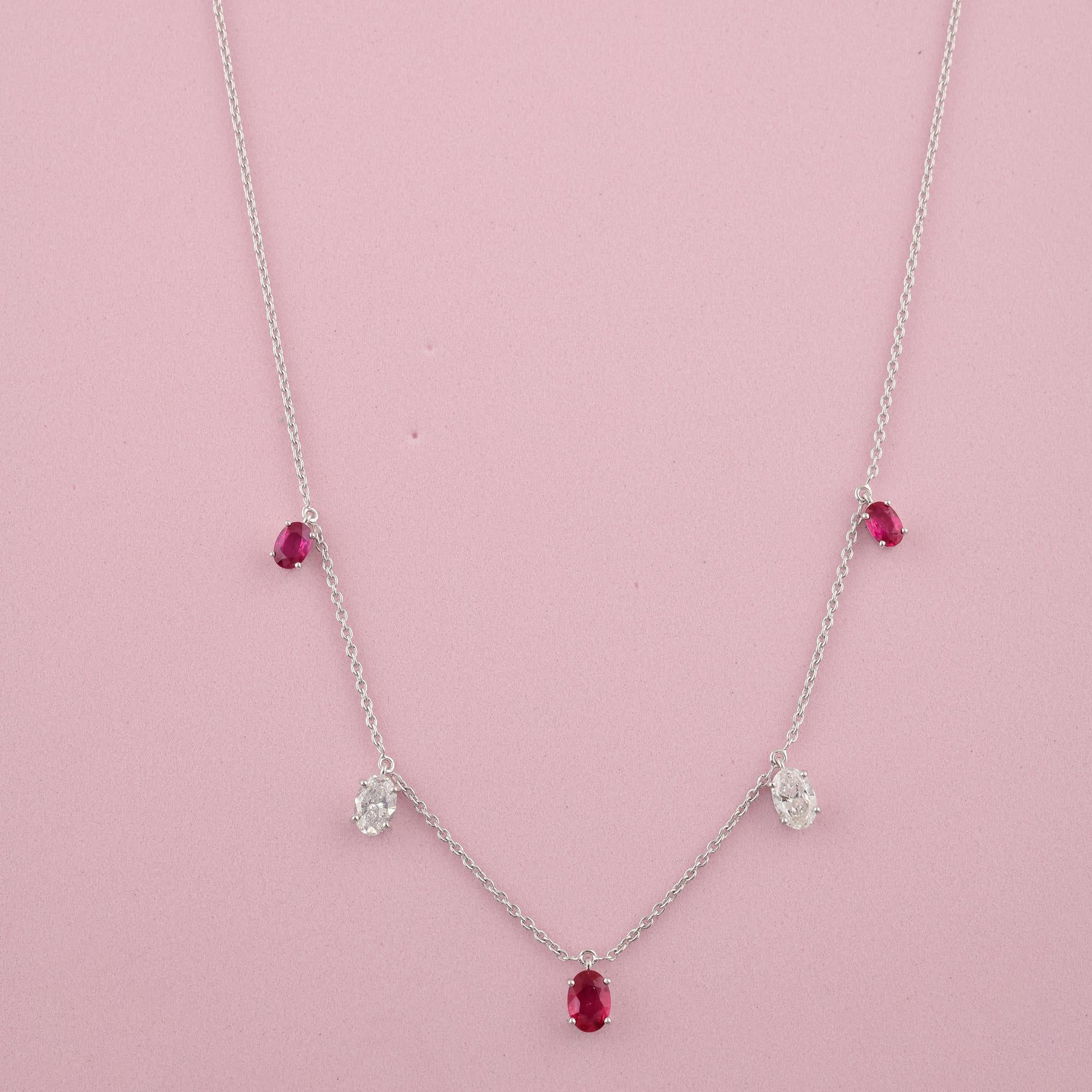 Collar de piedras preciosas de rubí natural SI/H Diamante ovalado Joyas de oro blanco de 18 quilates Moderno en venta