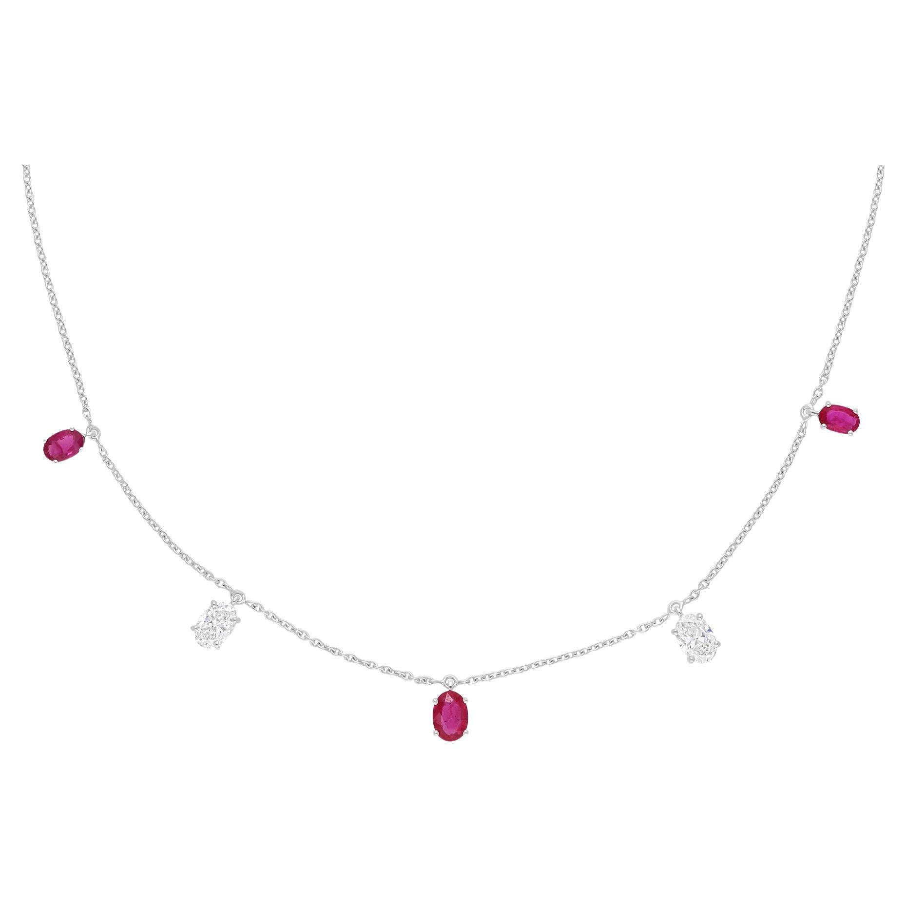 Natural Ruby Gemstone Necklace SI/H Oval Diamond 18 Karat White Gold Jewelry