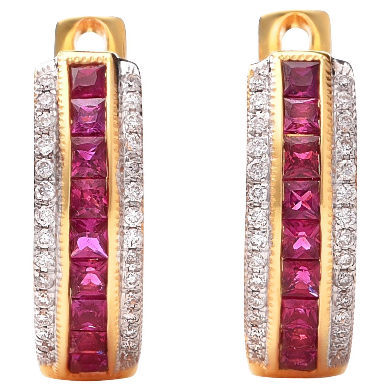 Natural Ruby Gemstones 0.63 carats set in 14K Yellow Gold Earrings with Diamonds
