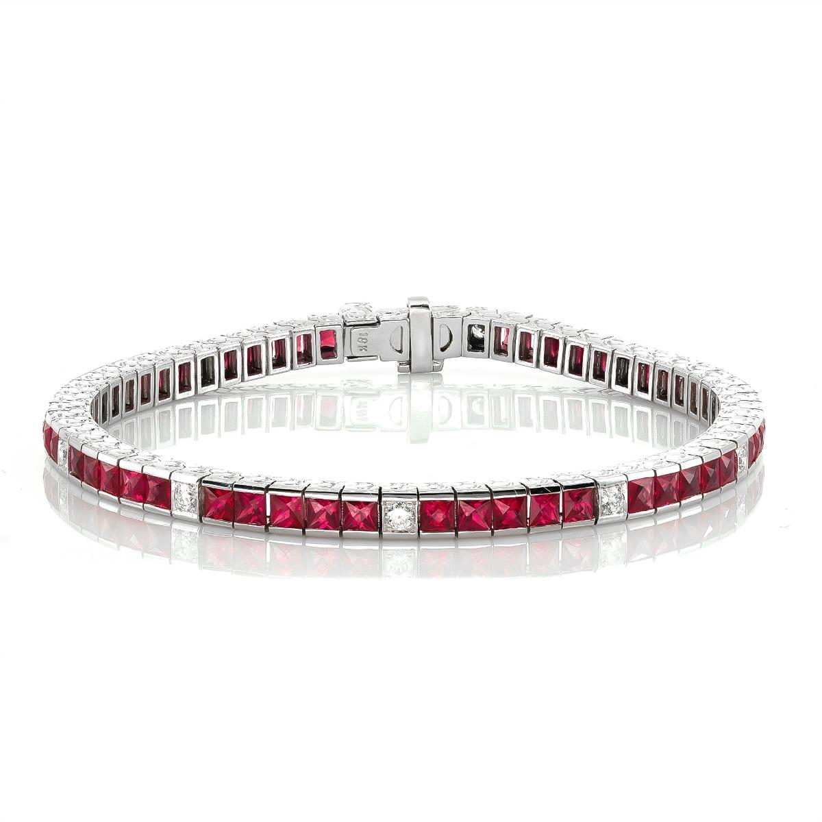 Discover the stunning elegance of this natural ruby bracelet, featuring a total of 6.90 carats of vibrant princess-cut rubies set in luxurious 18K white gold. Accented by 0.49 carats of sparkling diamonds, this bracelet exudes sophistication and