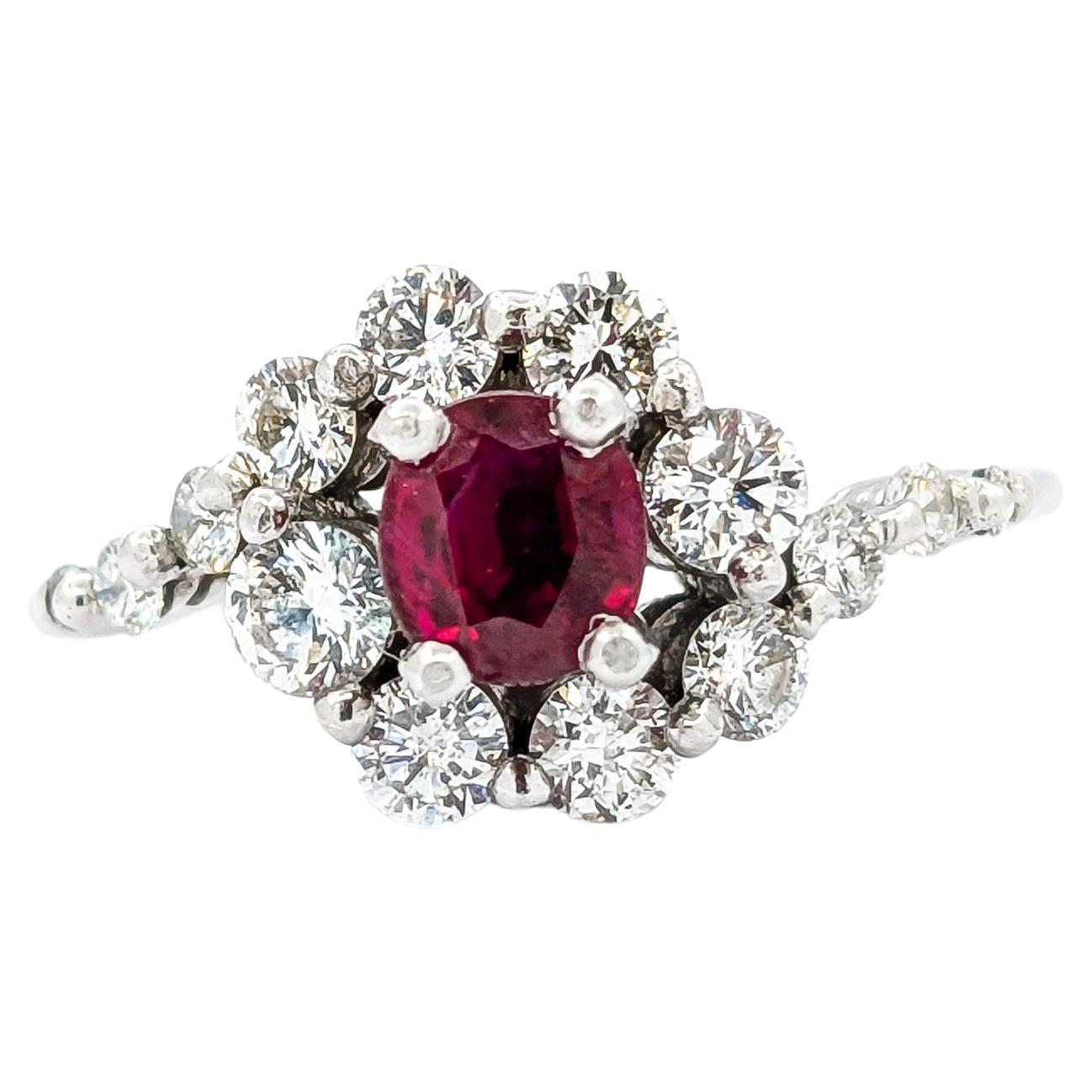 Natural Ruby & Graduated Diamond Ring In White Gold