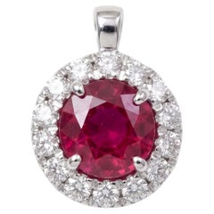 0.47 Carat Natural Ruby Halo Pendant Necklace in 14K White Gold