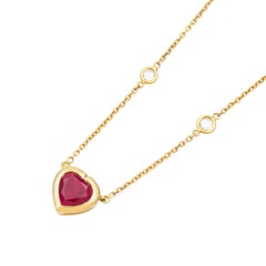 Natural Ruby Heart Shape Pendant Necklace with Bezel Diamonds in 18K Yellow Gold