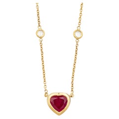 Natural Ruby Heart Shape Pendant Necklace with Bezel Diamonds in 18K Yellow Gold