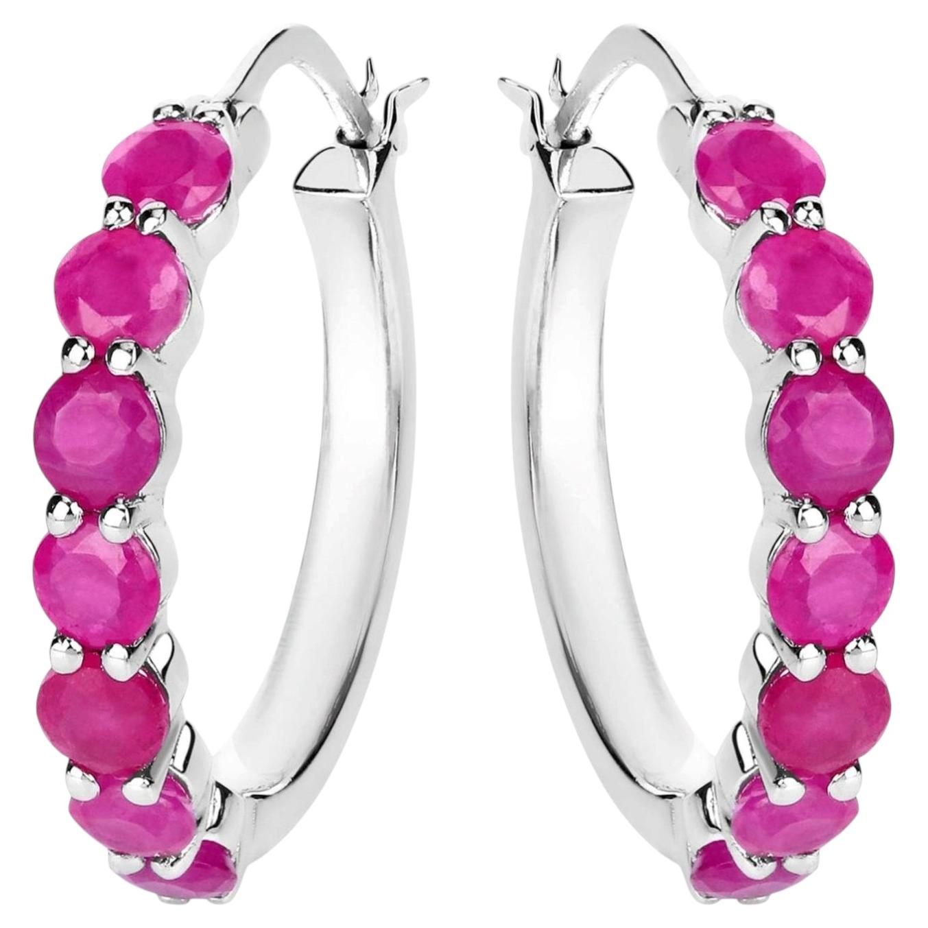 Natural Ruby Hoop Earrings 2.78 Carats Sterling Silver