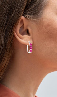 Natural Ruby Hoop Earrings With Diamonds 1.79 Carats Sterling Silver