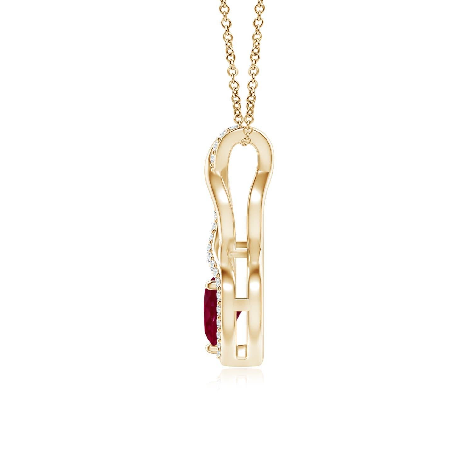 A diamond studded strip entwines with a lustrous metal strip to form an ornate infinity. Floating amid the graceful infinity is a heart-shaped bold red ruby in a prong setting. The sparkling diamonds infuse a captivating edge to this 14k yellow gold