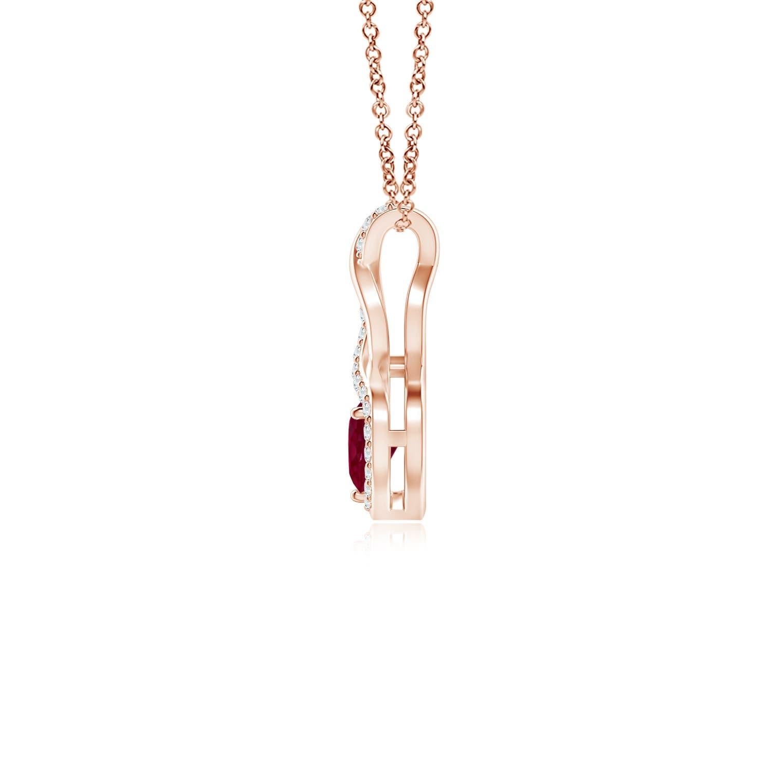 A diamond studded strip entwines with a lustrous metal strip to form an ornate infinity. Floating amid the graceful infinity is a heart-shaped bold red ruby in a prong setting. The sparkling diamonds infuse a captivating edge to this 18k rose gold