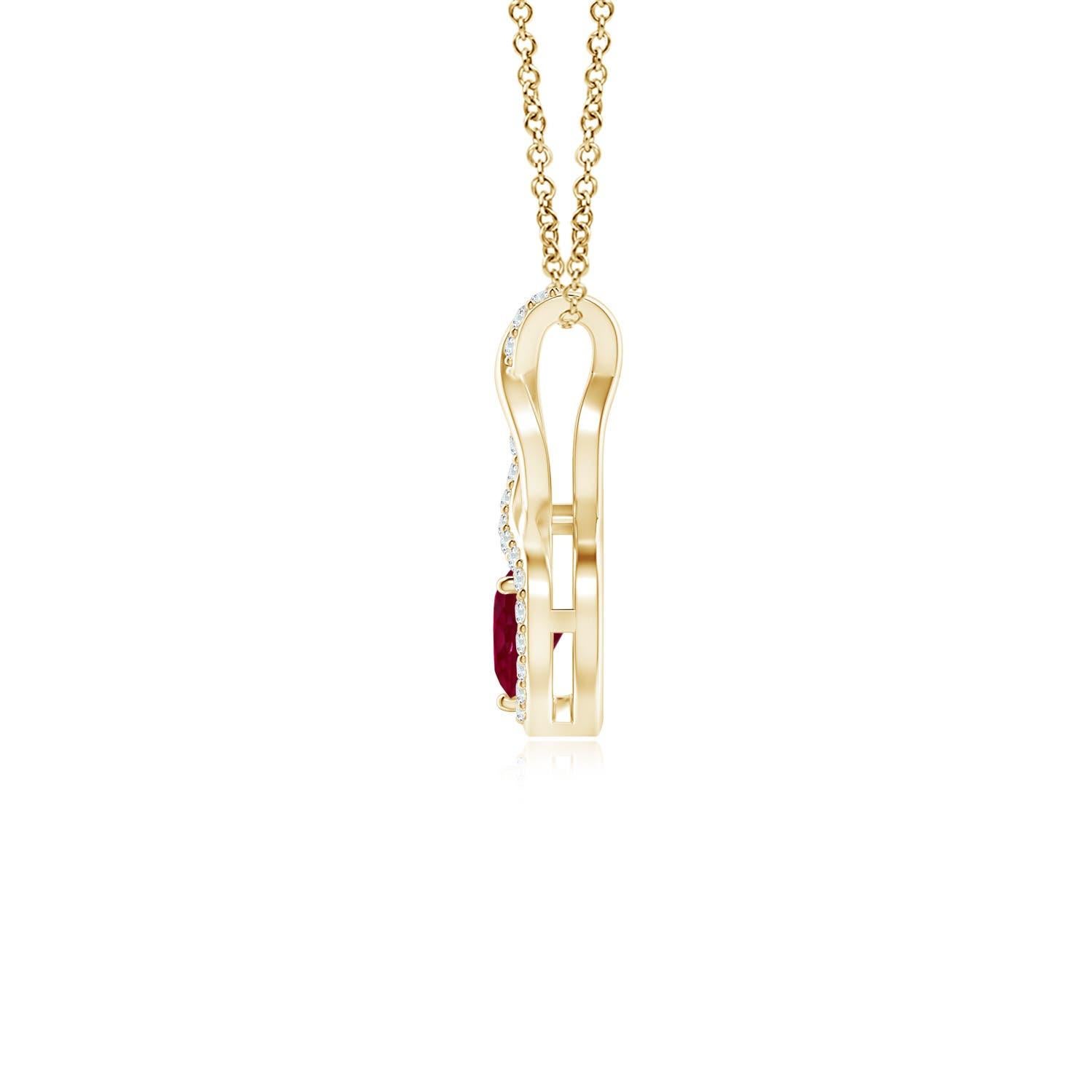 A diamond studded strip entwines with a lustrous metal strip to form an ornate infinity. Floating amid the graceful infinity is a heart-shaped bold red ruby in a prong setting. The sparkling diamonds infuse a captivating edge to this 18k yellow gold