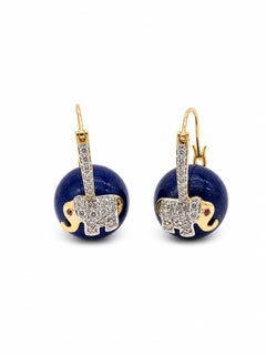 Natural Ruby, Lapis & Diamond Earring in 14k Gold