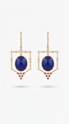 Designer 14K Gold Ruby, Lapis, and Diamond Stud Earrings, 0.49ct