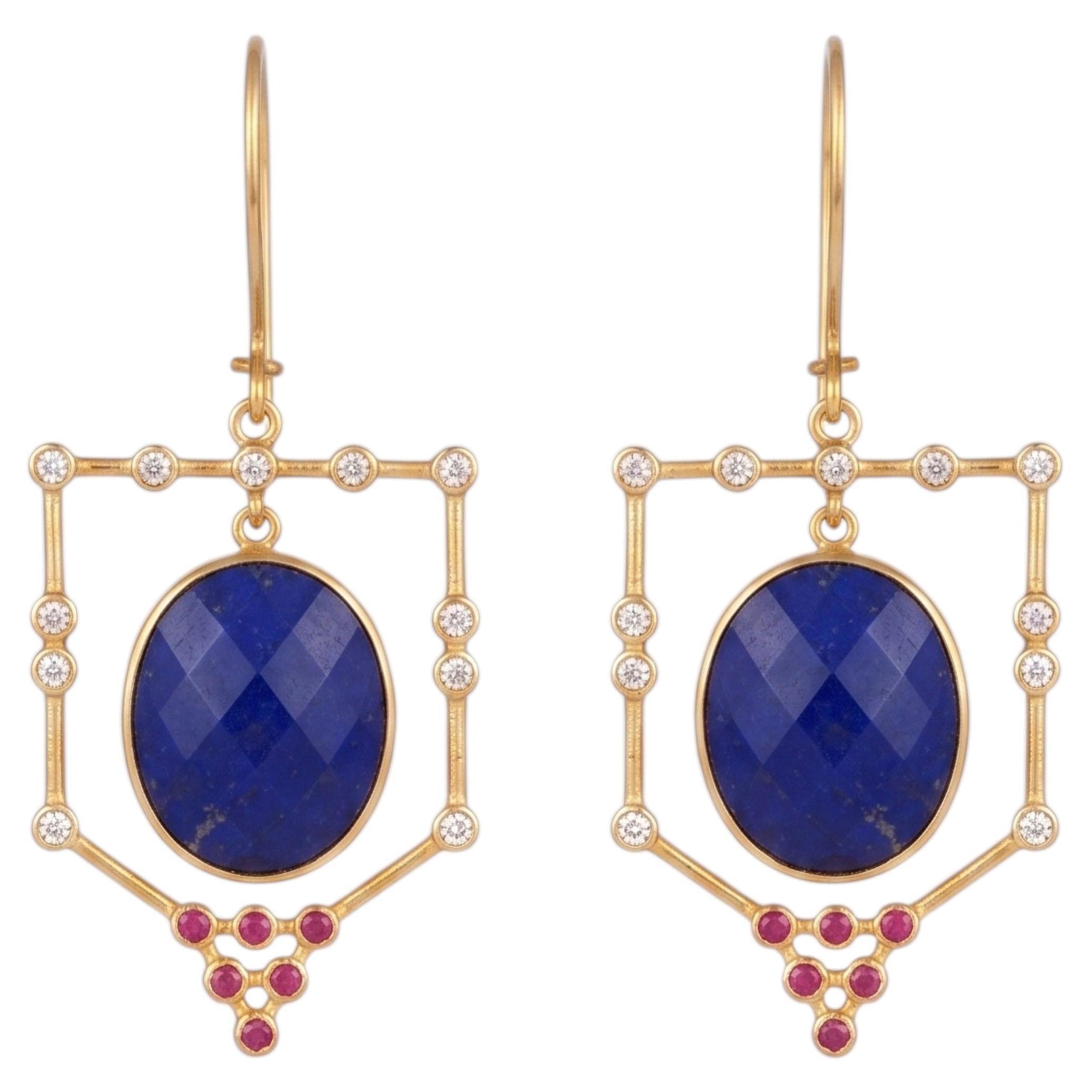 Natural Ruby, Lapis, & Diamond Earring in 14k Gold For Sale