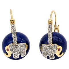 Natural Ruby, Lapis & Diamond Earring in 14k Gold