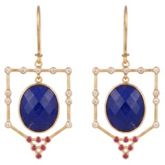 Designer 14K Gold Ruby, Lapis, and Diamond Stud Earrings, 0.49ct