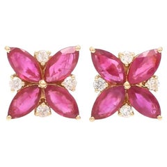 Natural ruby marquise diamond studs earring in 18k gold