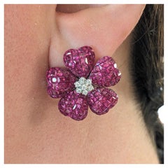 Natural Ruby Mystery Set Flower Earrings with Diamonds in 18k White Gold