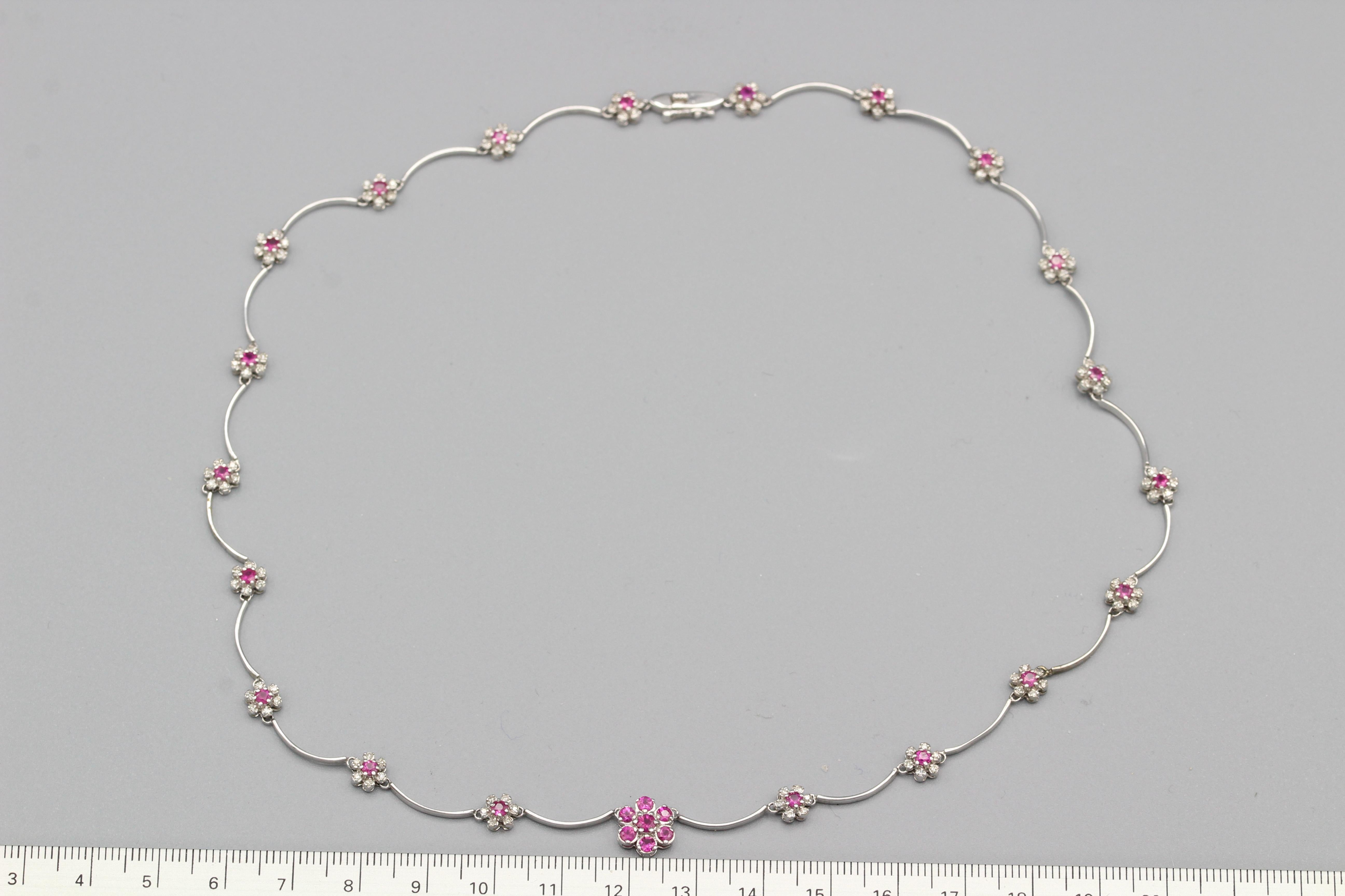 Elegant Flower necklace made of
Natural Ruby and Diamonds.
14k White Gold approx 10.20 grams
Total Ruby approx 2.00 carat
Total Diamonds 0.60 carat
Length of necklace approx 17.5' Inch
Gift Box Included