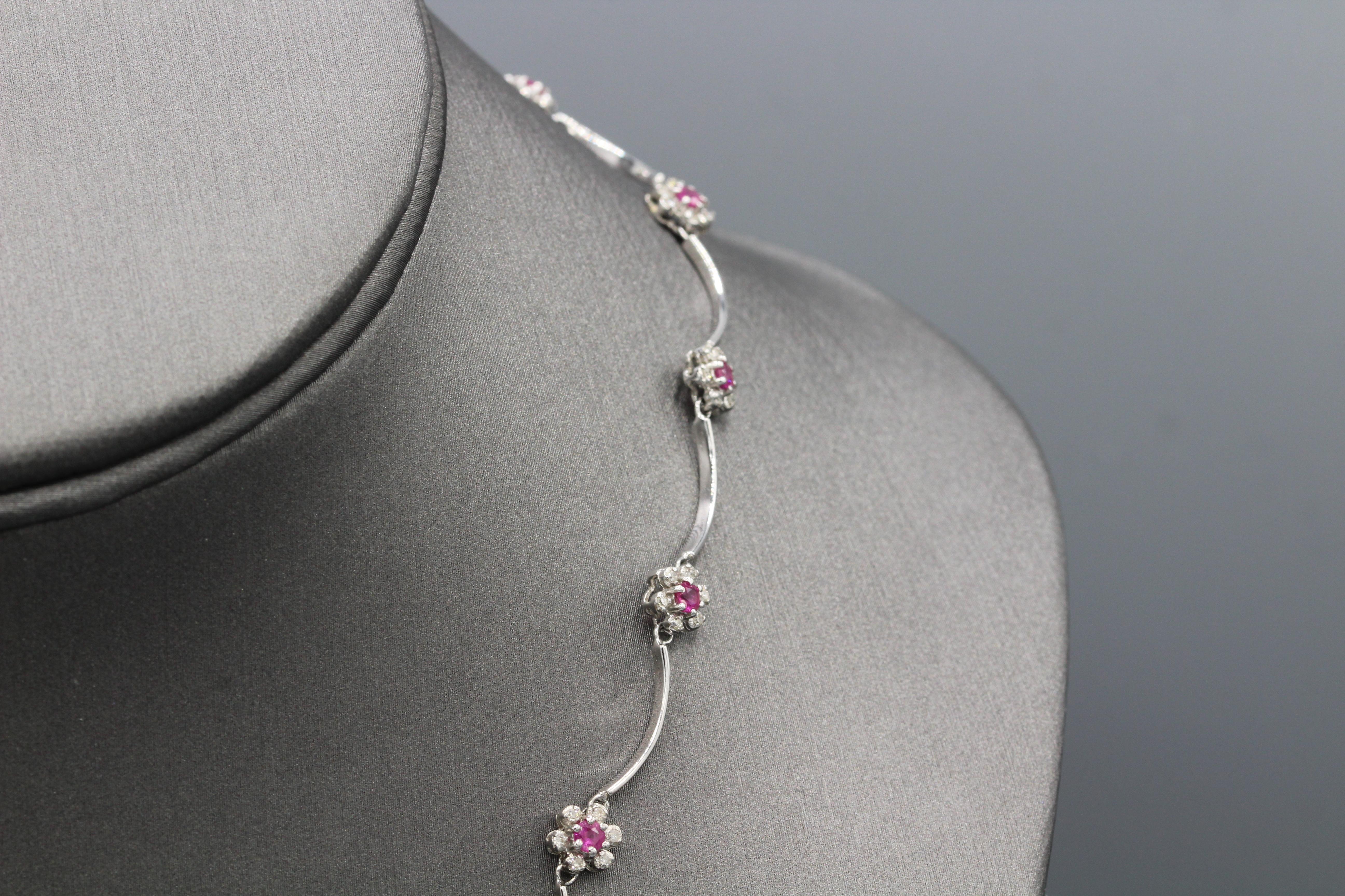 Round Cut Natural Ruby Necklace Flower Style Necklace 14 Karat White Gold and Diamonds