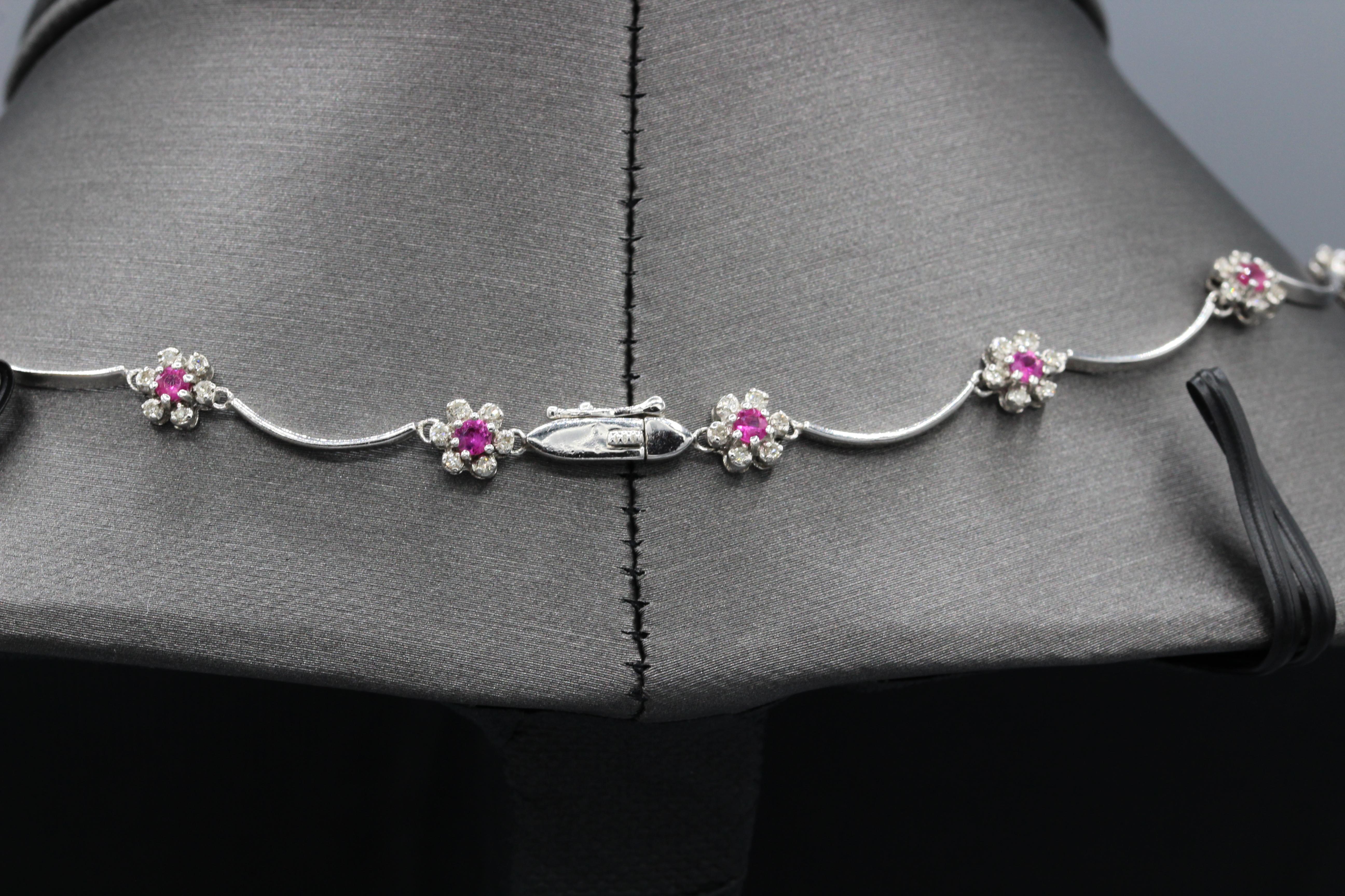 Natural Ruby Necklace Flower Style Necklace 14 Karat White Gold and Diamonds In New Condition In Brooklyn, NY