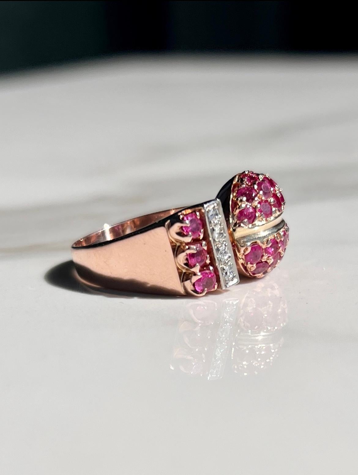 Old European Cut Natural Ruby & Old Cut Diamond Ring 14kt Rose Gold  For Sale