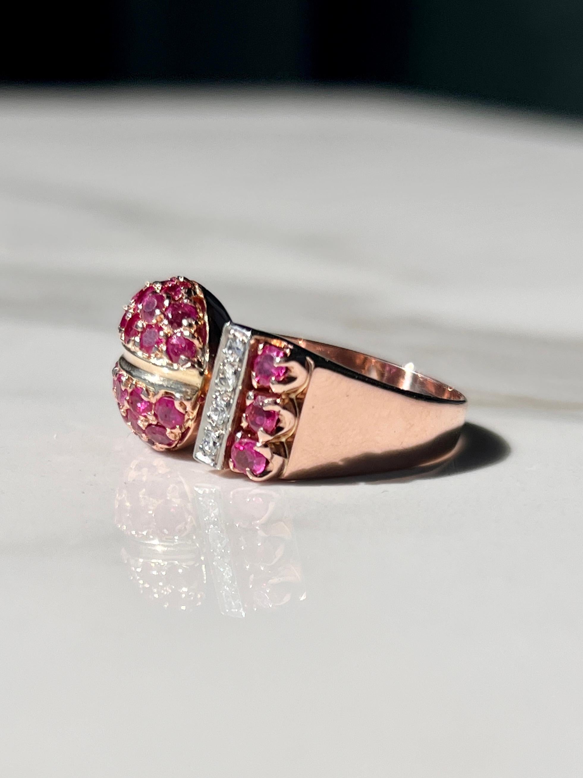 Natural Ruby & Old Cut Diamond Ring 14kt Rose Gold  In Good Condition For Sale In FLEMINGTON, AU