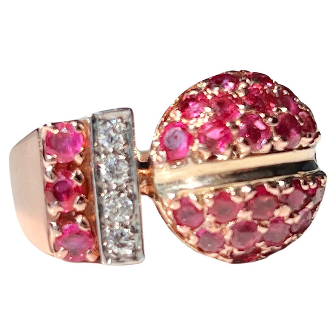 Natural Ruby & Old Cut Diamond Ring 14kt Rose Gold  For Sale