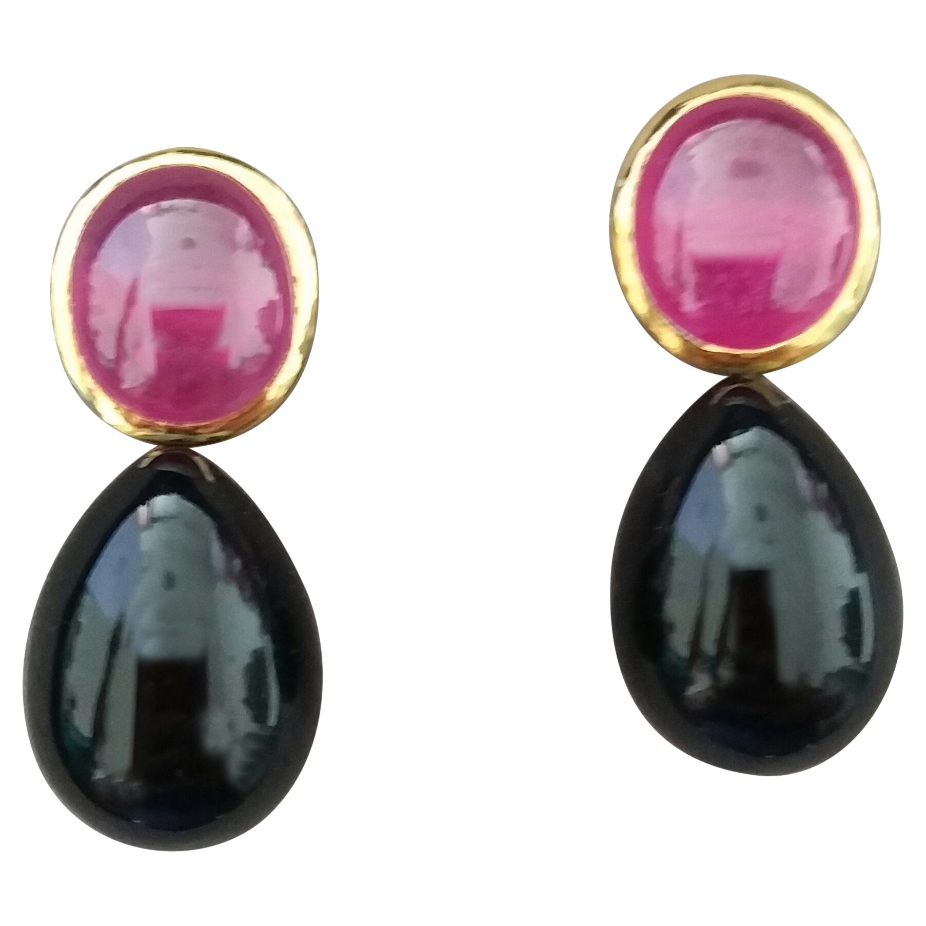 Natural Ruby Oval Cabochons 14 Karat Gold Bezel Black Onyx Round Drops Earrings