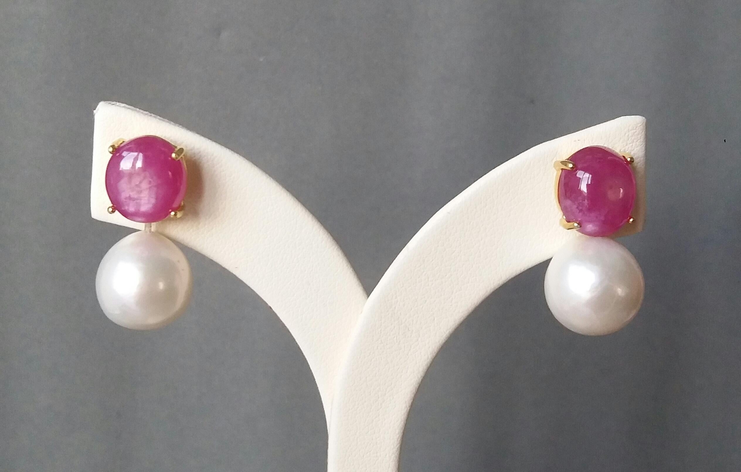 Oval Cut Natural Ruby Oval Cabochons Baroque White Pearls 14 Karat Yellow Gold Earring For Sale