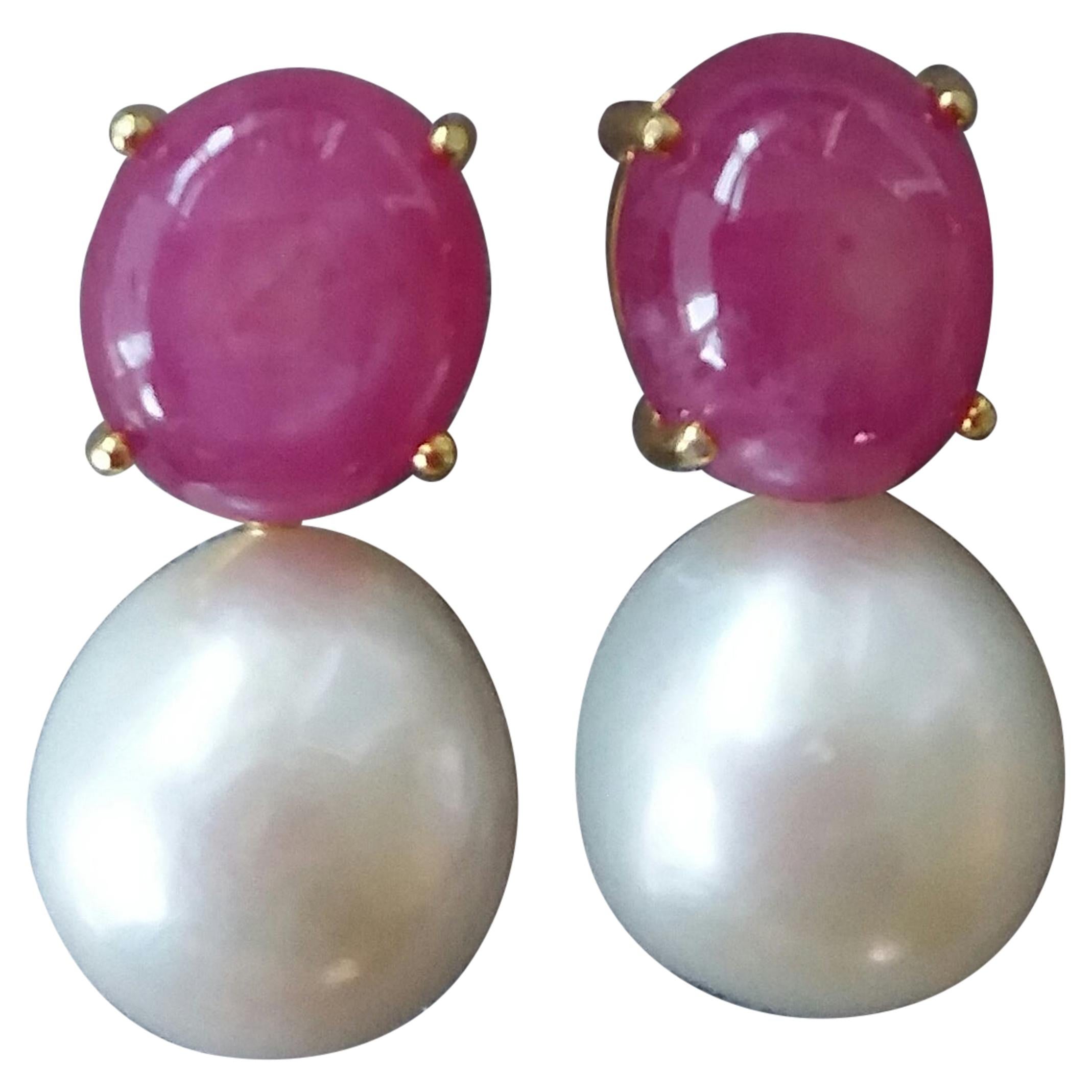 Natural Ruby Oval Cabochons Baroque White Pearls 14 Karat Yellow Gold Earring