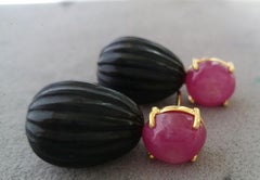 Natural Ruby Oval Cabochons Black Onyx Carved Drops 14 Karat Gold Earrings