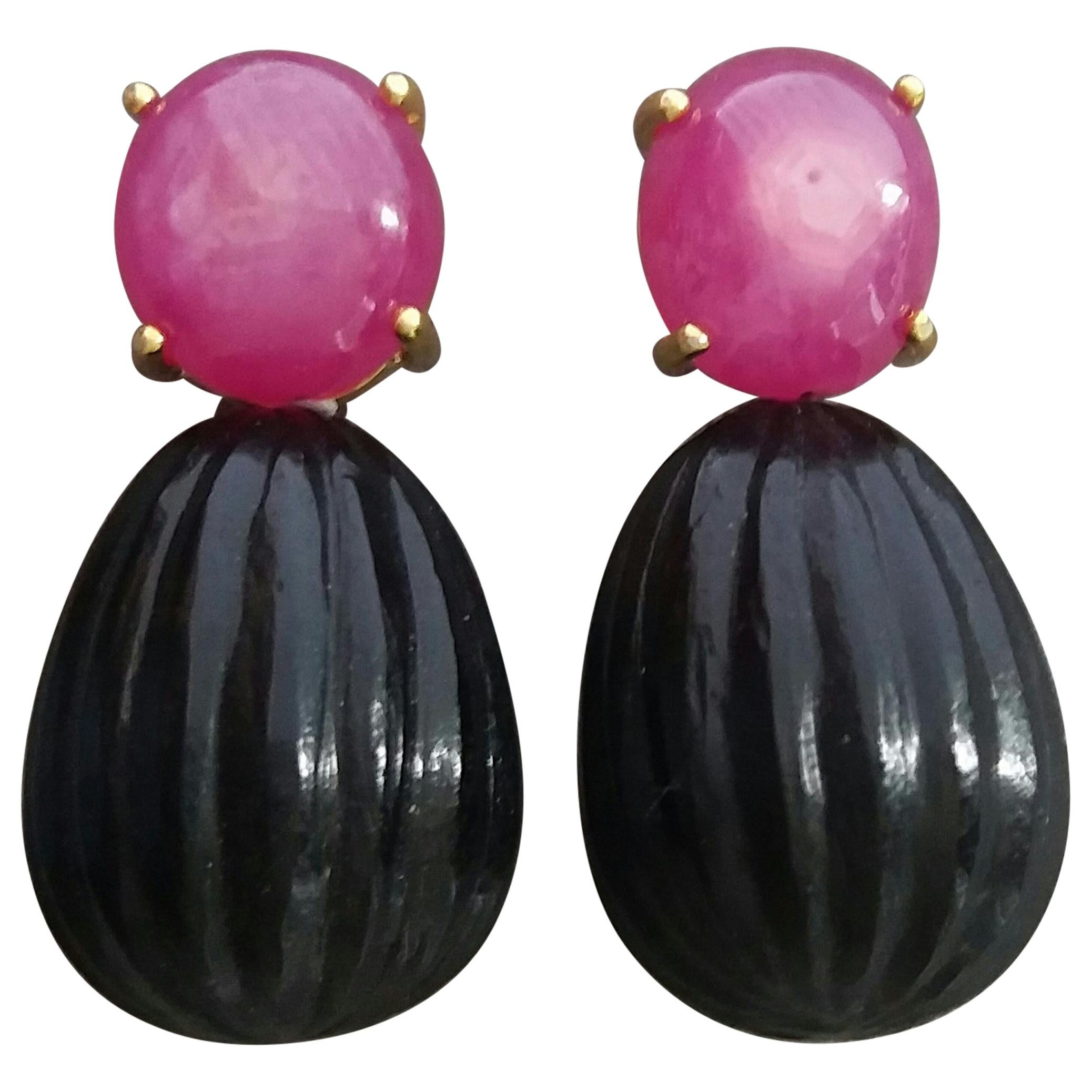 Natural Ruby Oval Cabochons Black Onyx Carved Drops 14 Karat Gold Earrings For Sale