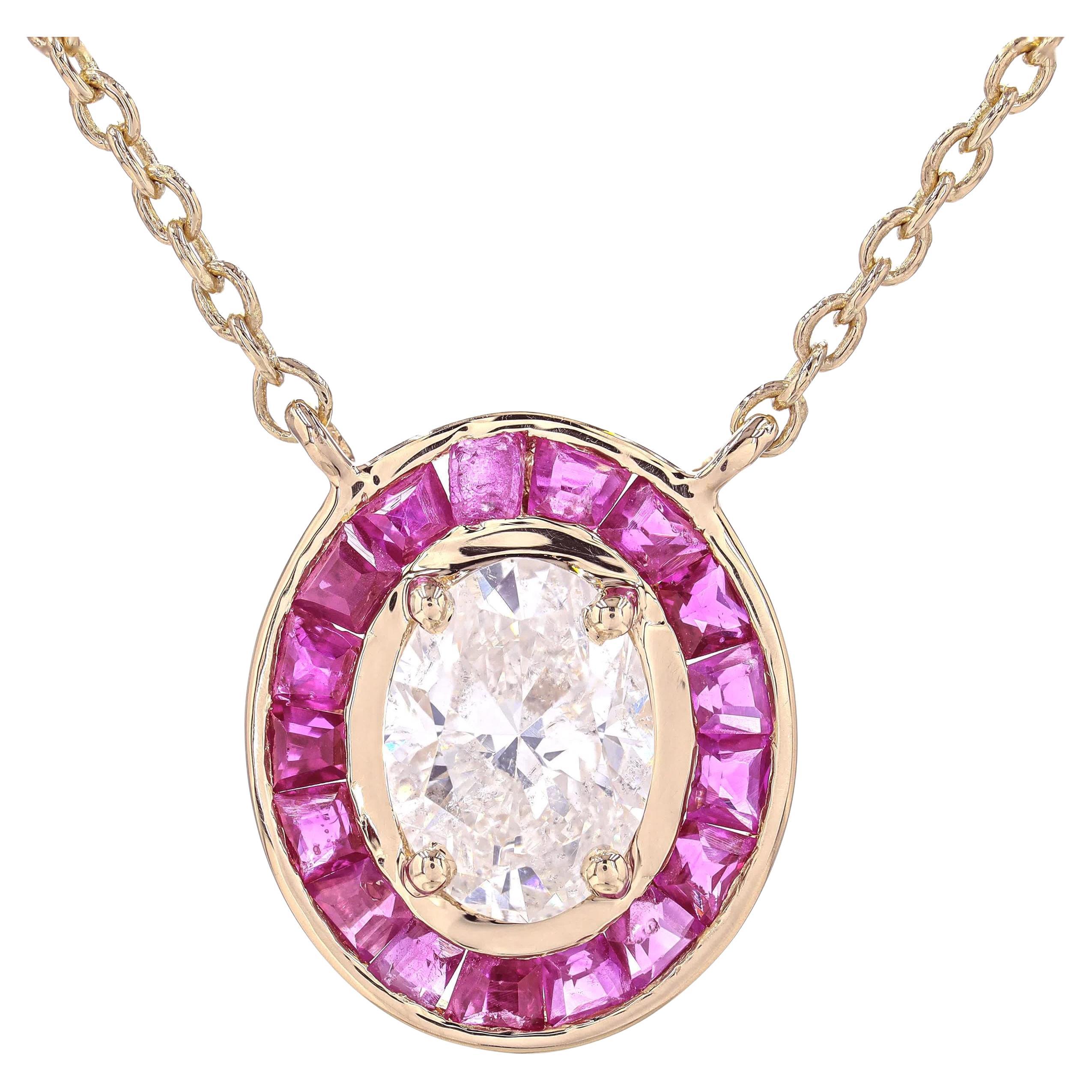 Natural Ruby & Oval Diamond Stack Chain Necklace in 14k Solid Gold (Certified) For Sale