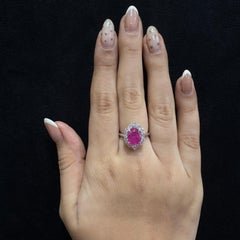 3.95 Carat Natural Oval Ruby & Diamond Halo Solitaire Ring, 14k White Gold