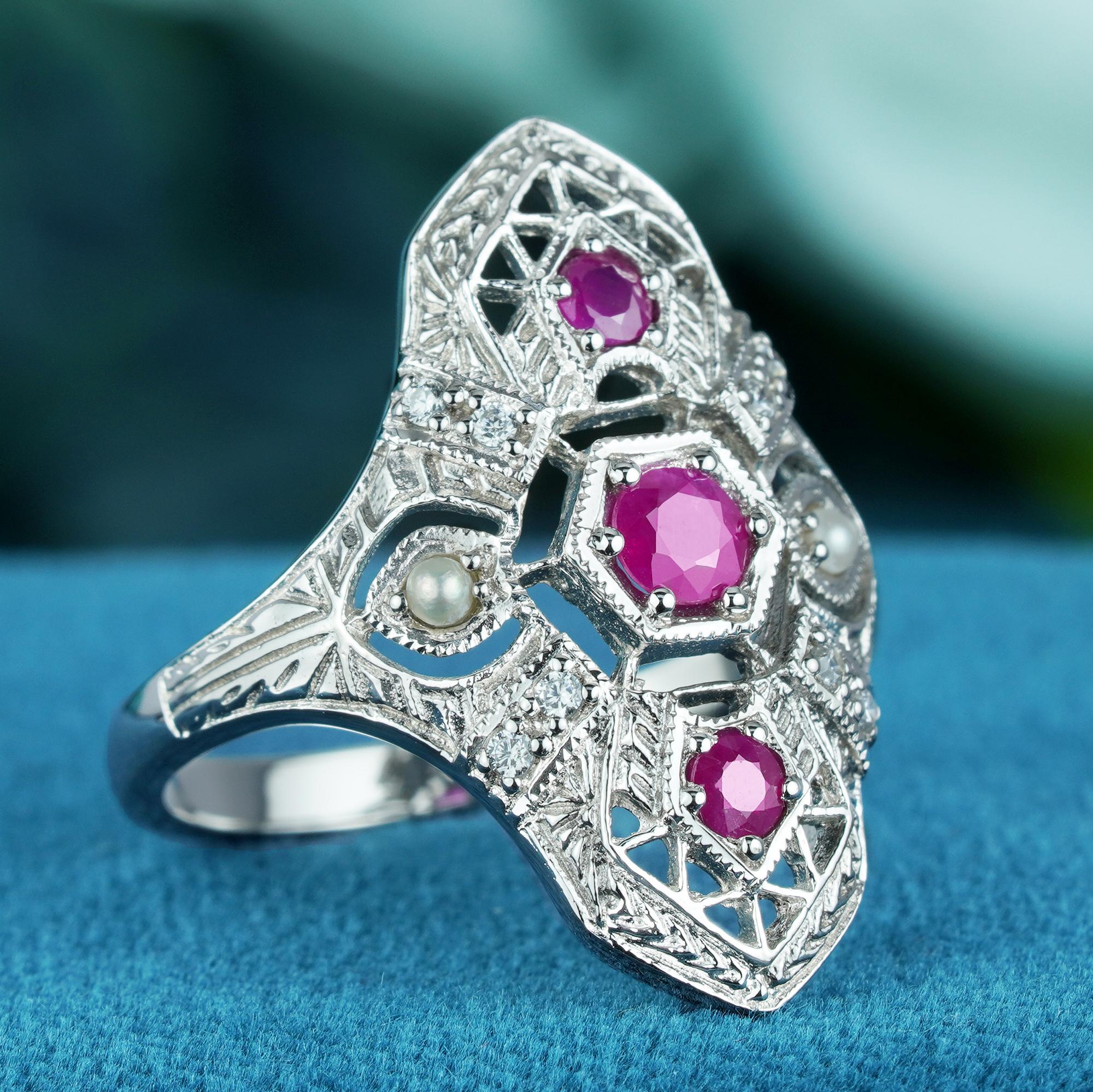 For Sale:  Natural Ruby Pearl Diamond Art Deco Style Dinner Ring in Solid 9K White Gold 2