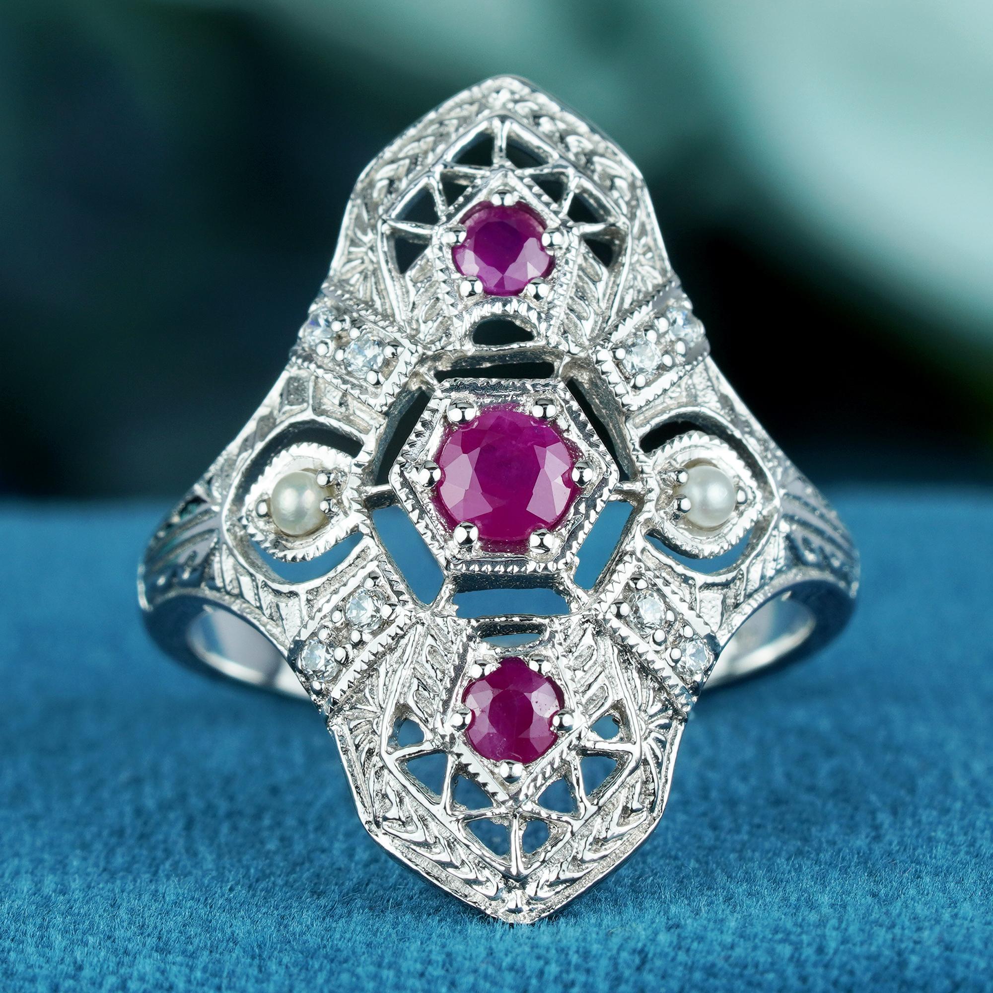 For Sale:  Natural Ruby Pearl Diamond Art Deco Style Dinner Ring in Solid 9K White Gold 3