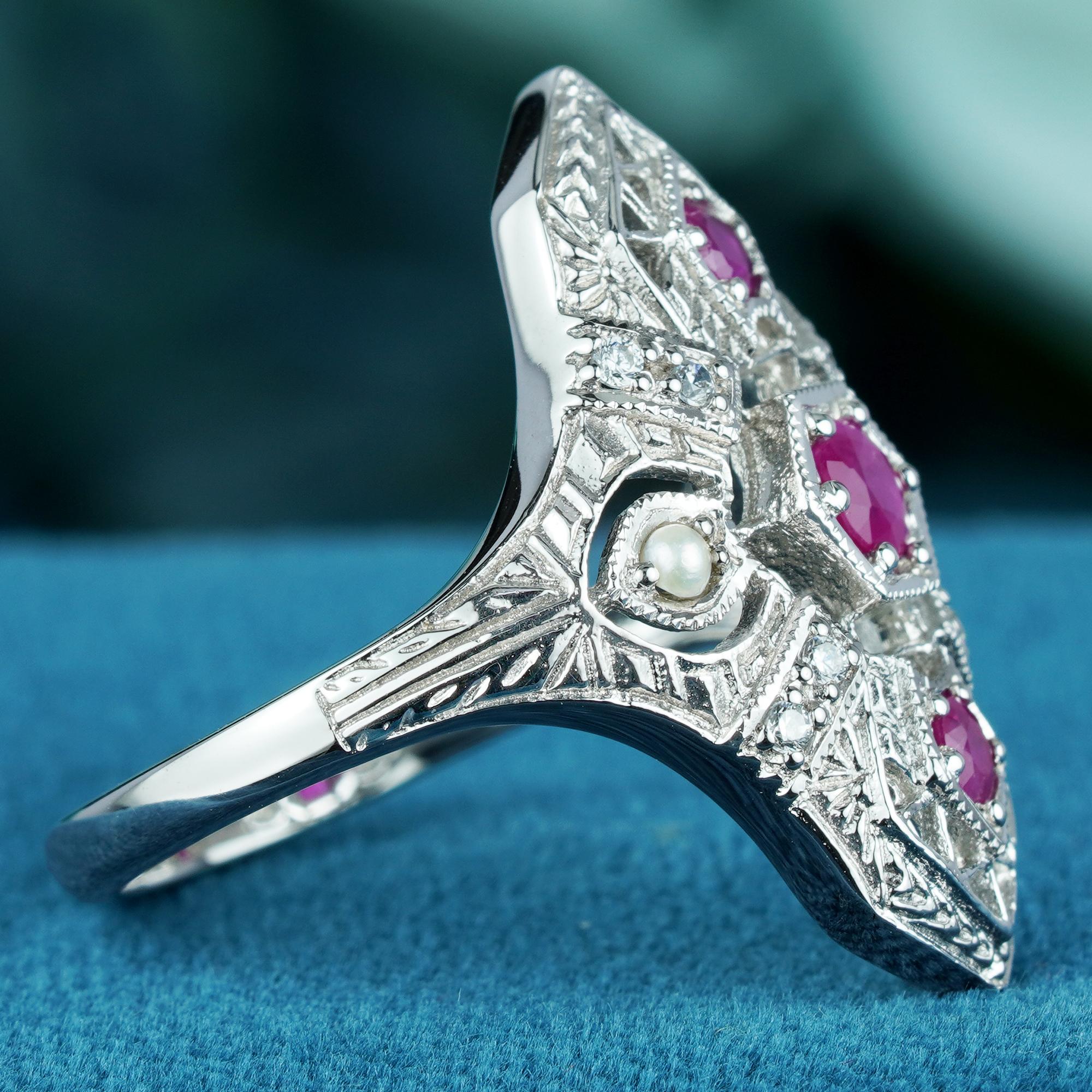 For Sale:  Natural Ruby Pearl Diamond Art Deco Style Dinner Ring in Solid 9K White Gold 4