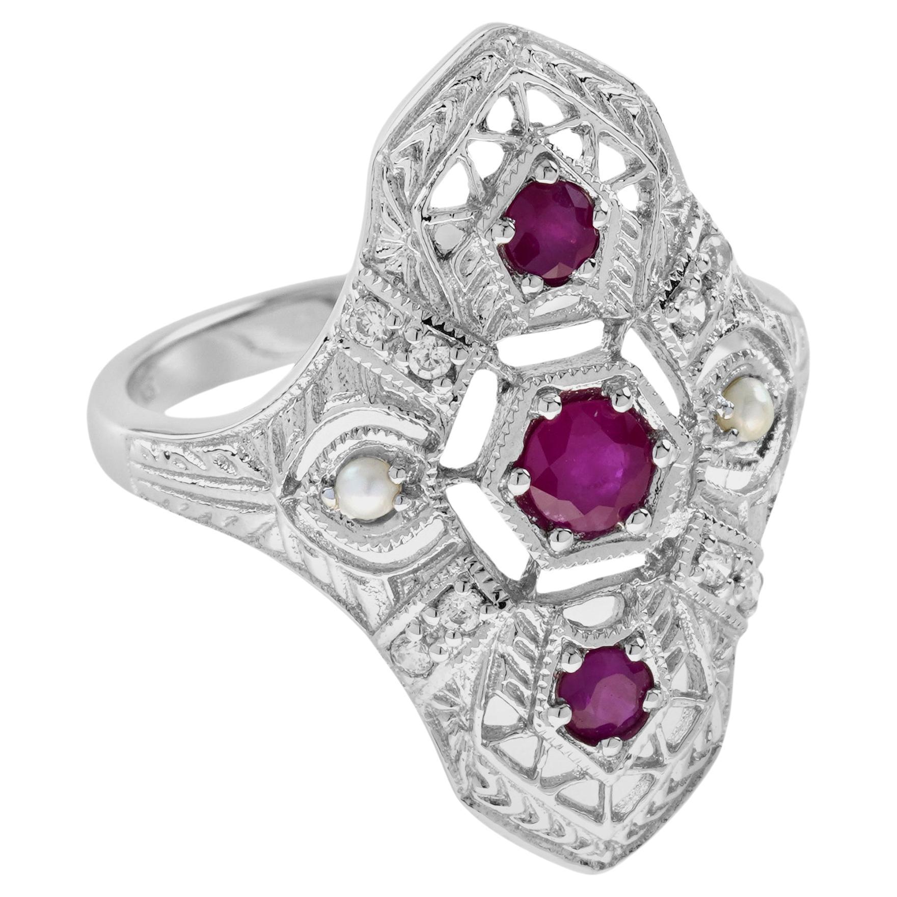 For Sale:  Natural Ruby Pearl Diamond Art Deco Style Dinner Ring in Solid 9K White Gold