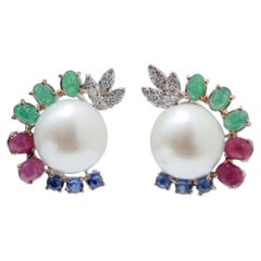 Natural Ruby, Pearl, Emerald, Sapphire & Diamond Earring in 18k Gold